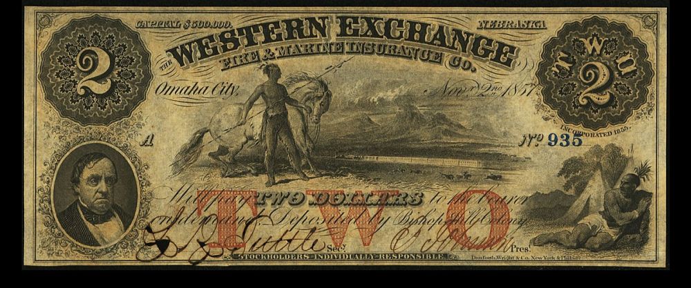 Omaha City, Nebraska 1857 $2, Western Exchange Insurance Co., SN 935, CU